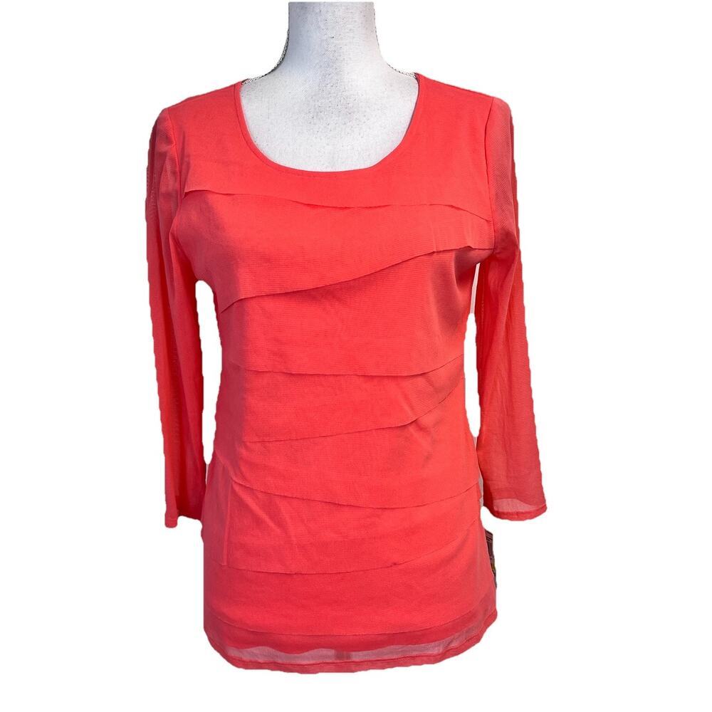 Alfani Blouse Top sz Medium Coral Blast Sheer Mesh Stretch Summer Career Casual